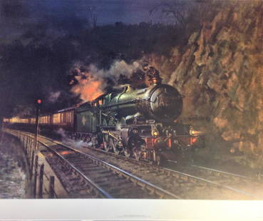 Railway Print approx 24x28 titled Night Express signed: Railway Print approx 24x28 titled Night Express signed in pencil by the artist Terence Cuneo. This reproduction is one of a single edition limited to 850 copies. Good Condition. All signed pieces come