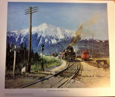 Railway Print approx 29x24 titled Steam in the Rockies: Railway Print approx 29x24 titled Steam in the Rockies signed in pencil by the artist Terence Cuneo. The Canadian Pacific Railway depot at Revelstoke in British Colombia. No 458/500. Good Condition. A