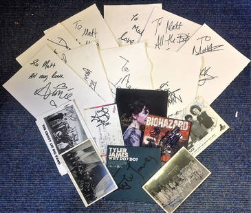 Music signed collection. 22 items. Assortment of signed: Music signed collection. 22 items. Assortment of signed album pages, flyers and photos. Some of names included are Tyler James, Lynsey Brown, Aimee Kearsley, Anton Gordon, Matthew Johnson, Biohazard,