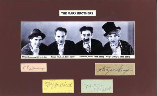 The Marx Brothers autograph pieces mounted with grainy: The Marx Brothers autograph pieces mounted with grainy b/w photo to approx. 16 x 8 inches. Autographs of Chico, Zeppo, Groucho and Harpo. Good Condition. All signed pieces come with a Certificate of A