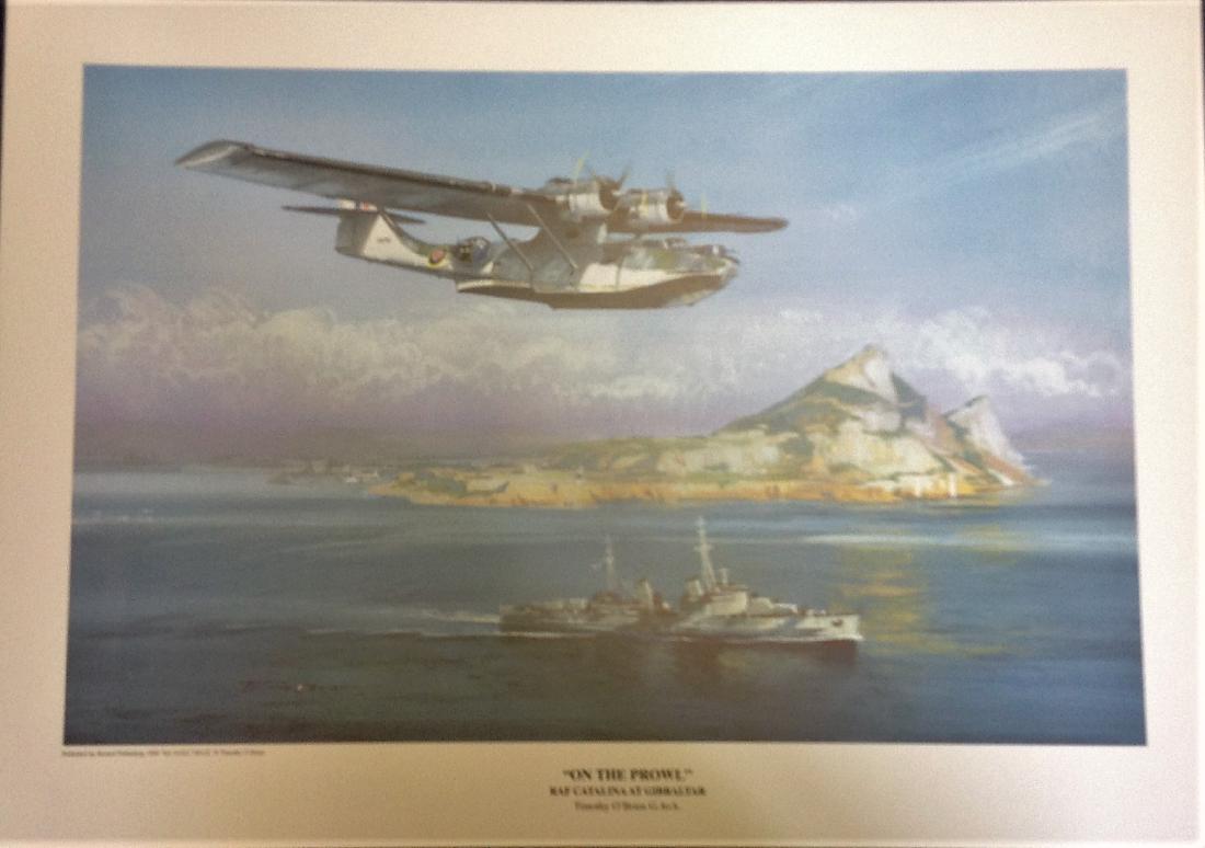 RAF print12x16 approx titled On the Prowl RAF Catalina: RAF print12x16 approx titled On the Prowl RAF Catalina at Gibraltar by the artist Timothy O'Brien. Good Condition. All signed pieces come with a Certificate of Authenticity. We combine postage on mult