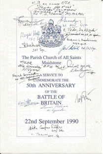 Battle of Britain 50th ann Church programme signed to: Battle of Britain 50th ann Church programme signed to front by 19 BOB pilots inc many rare autographs E Wolfe, Antoni Markiewicz, Dennis Adams, Frank Brinsley, Henry Szczesny, K Seda, Mike Cooper Slip