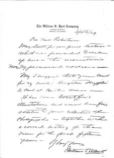 William S. Hart signed handwritten letter on headed: William S. Hart signed handwritten letter on headed notepaper. William Surrey Hart 6/12/1864 to 23/6/1946 was an American silent film actor best known for stage production of Ben Hur. Good Condition.
