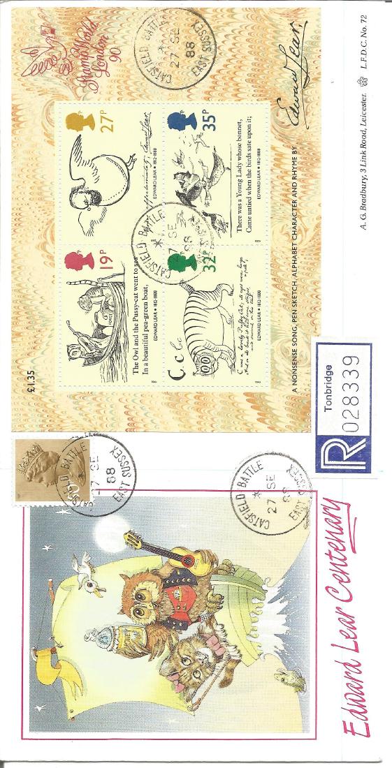 1988 Edward Lear official Miniature Sheet AG Bradbury: 1988 Edward Lear official Miniature Sheet AG Bradbury FDC with scarce Catsfield CDS postmark. Good Condition. All signed pieces come with a Certificate of Authenticity. We combine postage on multiple