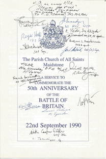 Multiple signed Battle of Britain 50th ann Church: Multiple signed Battle of Britain 50th ann Church programme signed to front by 19 BOB pilots inc many rare autographs E Wolfe, Antoni Markiewicz, Dennis Adams, Frank Brinsley, Henry Szczesny, K Seda,