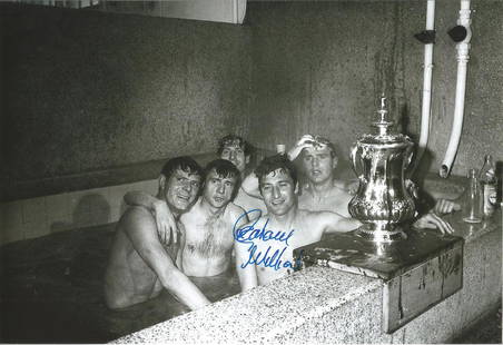 Autographed GRAHAM WILLIAMS photo, a superb image: Autographed GRAHAM WILLIAMS photo, a superb image depicting West Bromwich Albion players celebrating with the FA Cup in the bath after a memorable 1 0 victory over Everton in the 1968 Final at Wembley