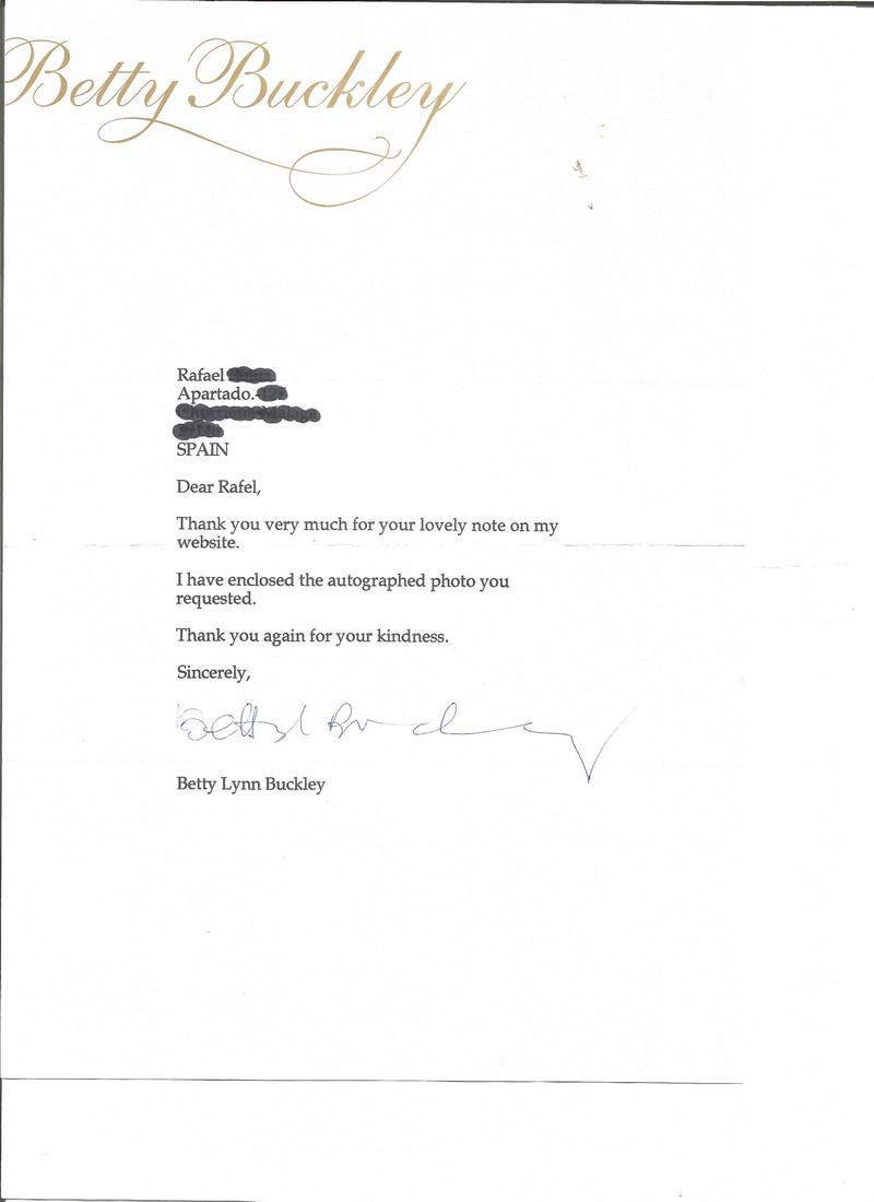 Betty Buckley signed tls. Betty Lynn Buckley 3/7/1947: Betty Buckley signed tls. Betty Lynn Buckley 3/7/1947 is an American actress/singer known for appearing in Cats on Broadway, Sunset Boulevard plus films such as Carrie, Split, The Happening. Good cond