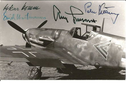 WW2 Luftwaffe aces Erich Hartmann, Adolf Galland, Oskar: WW2 Luftwaffe aces Erich Hartmann, Adolf Galland, Oskar Komm, Peter ? Signed 5 x 4 b/w photo. Good Condition. All signed pieces come with a Certificate of Authenticity. We combine postage on multiple