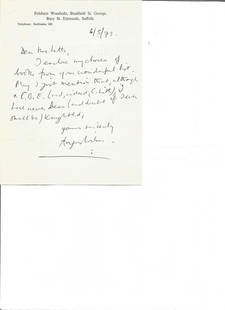 Angus Wilson handwritten letter ALS 1973 on personal: Angus Wilson handwritten letter ALS 1973 on personal stationary to a Me Letts re his CBE. Sir Angus Frank Johnstone-Wilson, CBE was an English novelist and short story writer. He was one of England's