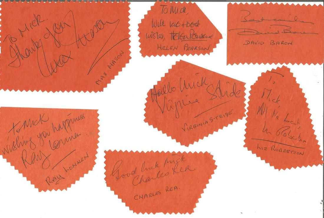 Irregular cut signature piece collection. Contains 9: Irregular cut signature piece collection. Contains 9 loose pieces signed by Liz Robertson, Virginia Stride, Ray Lonnen, Max Mason, Derren Nesbitt, Georgia Greeph, Charles Rea, David Baron and Helen Pe