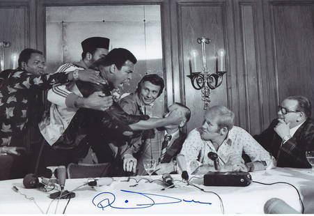 Boxing Autographed RICHARD DUNN photo, a superb image: Boxing Autographed RICHARD DUNN photo, a superb image depicting an enraged Muhammed Ali being held back by Bundini Brown during a press conference with Dunn prior to their World Heavyweight Championsh