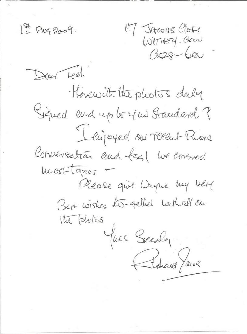Richard Jones 19 Sqn Battle of Britain pilot: Richard Jones 19 Sqn Battle of Britain pilot handwritten letter regarding signed photos to WW2 RAF BOB historian Ted Sergison. Good Condition. All signed pieces come with a Certificate of Authenticity