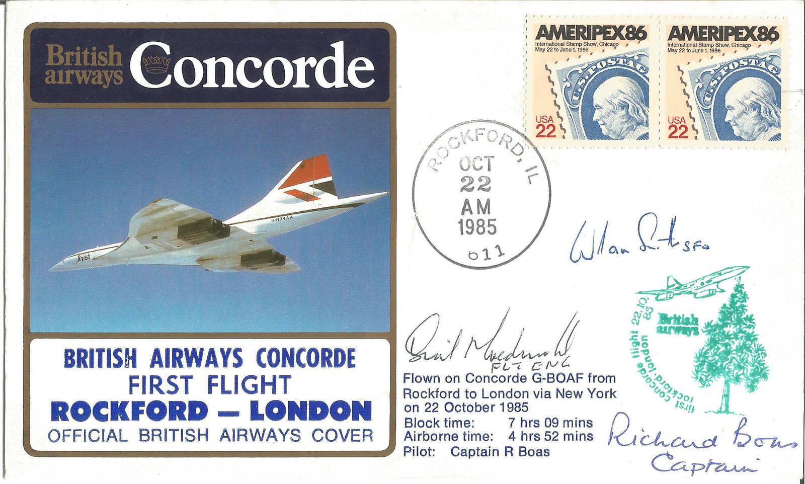 1985 Concorde 1st flight British Airways cover Rockford (1 of 1)