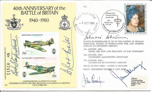 40th Anniversary of the Battle of Britain 1940-1980: 40th Anniversary of the Battle of Britain 1940-1980 signed RAF cover No 476 of 1000. Flown in Hurricane LF 363 signed by Sir Douglas Bader, John Cunningham, Johnnie Johnson, James Lacey, Bob