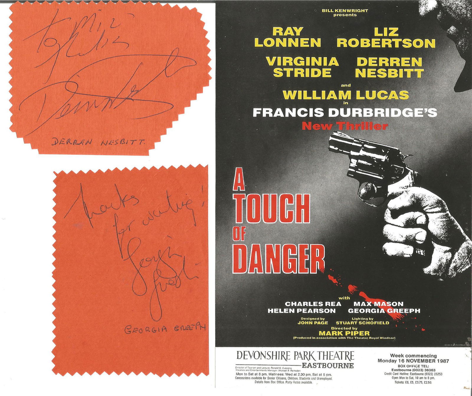 Irregular cut signature piece collection. Contains 9: Irregular cut signature piece collection. Contains 9 loose pieces signed by Liz Robertson, Virginia Stride, Ray Lonnen, Max Mason, Derren Nesbitt, Georgia Greeph, Charles Rea, David Baron and Helen Pe