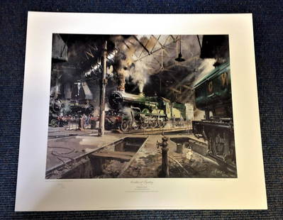 Railway Print 17x20 titled Castles at Tyseley by the: Railway Print 17x20 titled Castles at Tyseley by the artist Terence Cuneo (millennium edition) 450/850. 165th Anniversary of the Great Western Railway. Good Condition. All autographs are genuine hand