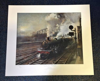 Railway Print 17x20 titled Departure from Paddington by: Railway Print 17x20 titled Departure from Paddington by th artist Terence Cuneo (Millennium Edition) 311/850. 165th Anniversary of the Great Western Railway. Good Condition. All autographs are genuine