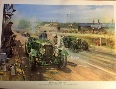 Historical Print approx 33x26 titled Bentleys at Le: Historical Print approx 33x26 titled Bentleys at Le Mans 1929 by the artist Terence Cuneo. Enlanger fills the sump as Jack Dumfee in No 9 roars past in the pits. S light tear on edge image not