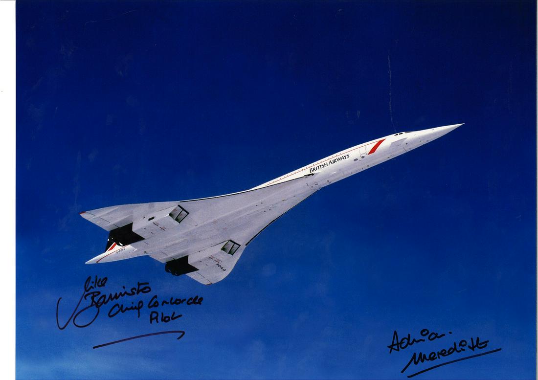 Mike Bannister Chief Concorde Pilot and Adrian Meredith: Mike Bannister Chief Concorde Pilot and Adrian Meredith photographer signed 16x12 colour photo of Concorde G-BOAG in air with deep blue sky background. Good Condition. All autographs are genuine hand 