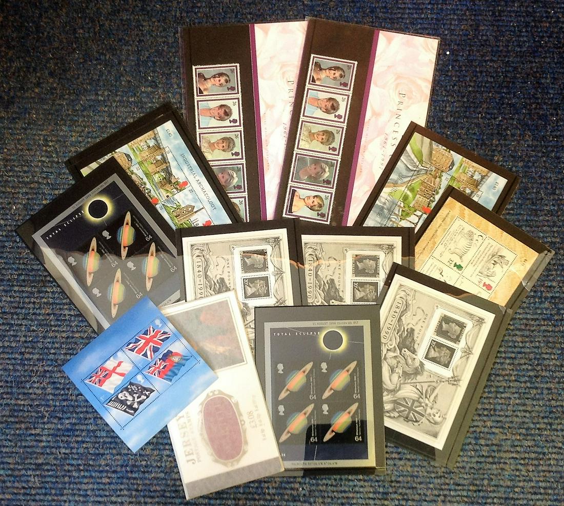 GB Mint stamp miniature sheets. 2 x 199 Eclipse, 2 x: GB Mint stamp miniature sheets. 2 x 199 Eclipse, 2 x Edward Lear, 2 x Industrial Archaeology, 5 x 1990 Stamp World, 1 x Flags and ensigns, £3.08 Jersey booklet, 2 x Diana mint Presentation packs