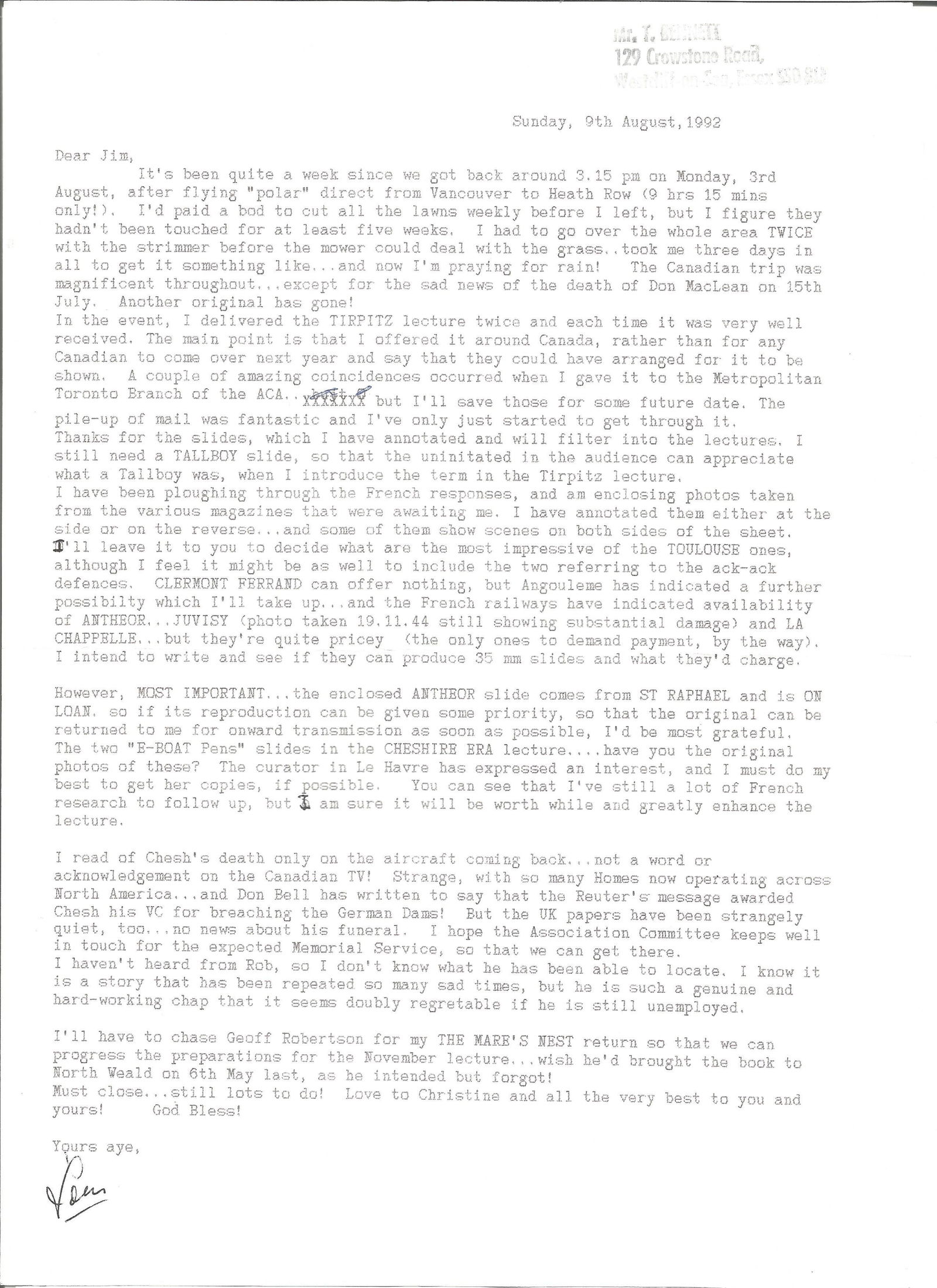 WW2 617 Sqn Tirpitz Raider Tom Bennett typed letter: WW2 617 Sqn Tirpitz Raider Tom Bennett typed letter with reference to talk on Tall Boys, Another and Tirpitz, from Jim Shortland Dambuster Historian collection. Good Condition. All autographs are genu