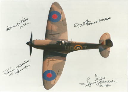 Battle of Britain pilots signed 10 x 8 Spitfire photo: Battle of Britain pilots signed 10 x 8 Spitfire photo Mike Cooper Slipper, Dennis Adams, E Wolfe, B Ogilvie, from Battle of Britain historian Ted Sergison collection. Good Condition. All signed pieces