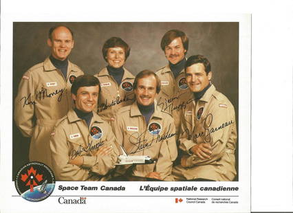 Ken Money, Roberta Bondar, Bjarni Tryggvason, Bob: Ken Money, Roberta Bondar, Bjarni Tryggvason, Bob Thirsk, Steve Maclean and Marc Garneau signed Space Team Canada 10x8 colour photo. Good Condition. All signed pieces come with a Certificate of