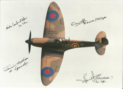 Battle of Britain pilots signed 10 x 8 Spitfire photo: Battle of Britain pilots signed 10 x 8 Spitfire photo Mike Cooper Slipper, Dennis Adams, E Wolfe, B Ogilvie, from Battle of Britain historian Ted Sergison collection. Good Condition. All autographs ar