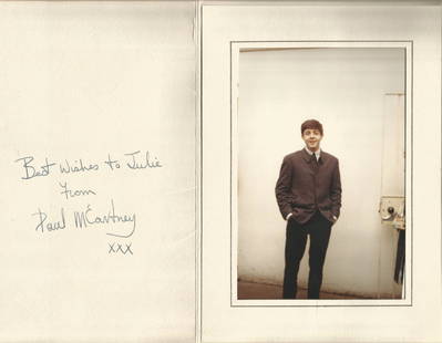 Paul McCartney signed greeting card mount with young: Paul McCartney signed greeting card mount with young colour portrait photo of Paul inset. Good Condition. All autographs are genuine hand signed and come with a Certificate of Authenticity. We