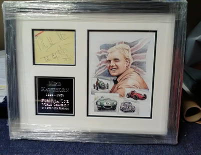 Mike Hawthorn, John and Gordon Cooper signed autograph: Mike Hawthorn, John and Gordon Cooper signed autograph album page framed and mounted with photo and descriptive plaque. Approx 18 x 14 inches overall. A rare and sought after piece of sport history,