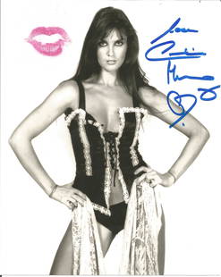 James Bond actress Caroline Munro signed 10 x 8 b/w: James Bond actress Caroline Munro signed 10 x 8 b/w photo to which she has kissed the photo leaving a lipstick mark. Good Condition. All autographs are genuine hand signed and come with a Certificate
