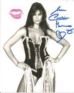 James Bond actress Caroline Munro signed 10 x 8 b/w: James Bond actress Caroline Munro signed 10 x 8 b/w photo to which she has kissed the photo leaving a lipstick mark. Good Condition. All autographs are genuine hand signed and come with a Certificate