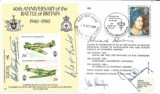 Battle of Britain aces multiple signed cover. Top Five: Battle of Britain aces multiple signed cover. Top Five aces Douglas Bader, Robert Stanford Tuck, James Lacey, John Cunningham and Johnnie Johnson on 40th ann BOB cover. Good Condition. All autographs