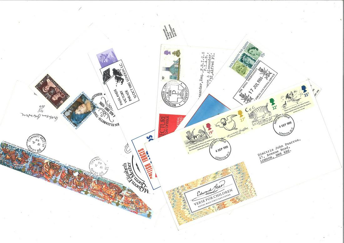 GB cover collection. Includes 2 FDC - Edward Lear. 5: GB cover collection. Includes 2 FDC - Edward Lear. 5 commemorative covers including Falklands Victory Parade, Liverpool Cathedral, Royal Tournament, 80th birthday Queen Mother, Armada FDC signed by ar