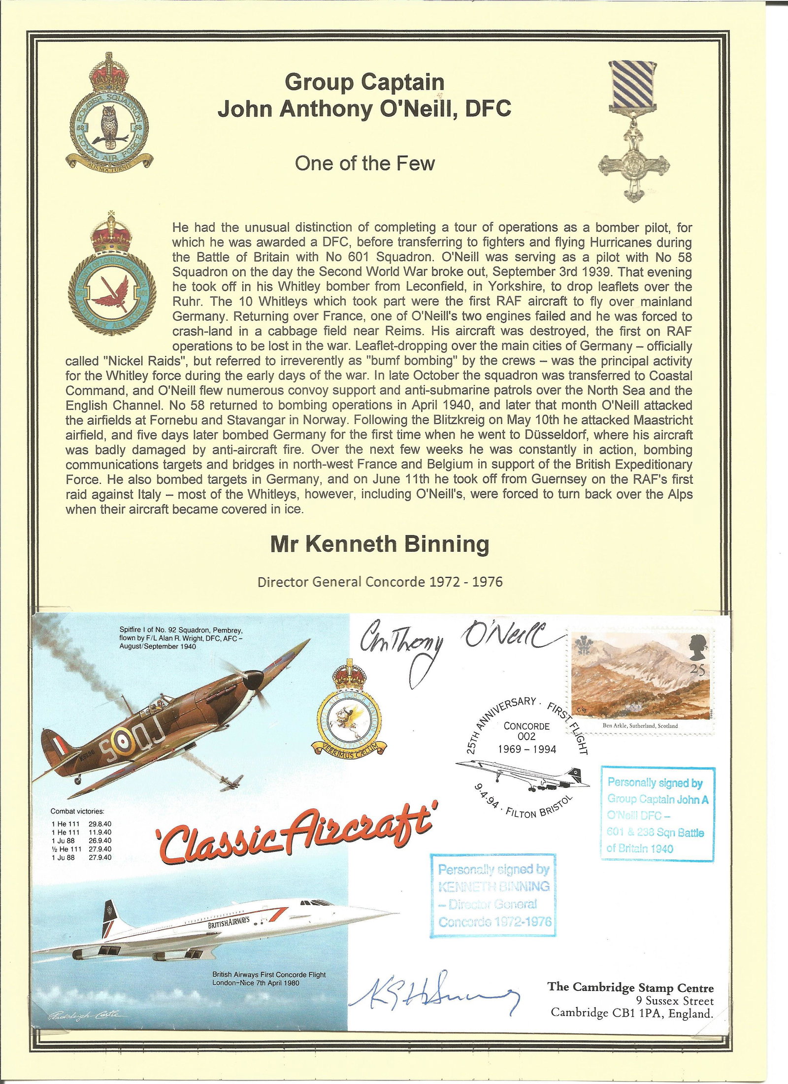 WW2 Battle of Britain fighter ace Group Captain John: WW2 Battle of Britain fighter ace Group Captain John Anthony O'Neill DFC 19 Sqdn RAF Duxford and Mr Kenneth Binning Director General Concorde signed Classic Aircraft RAF WW2 FDC. 25p GB Ben Arkle, Sut