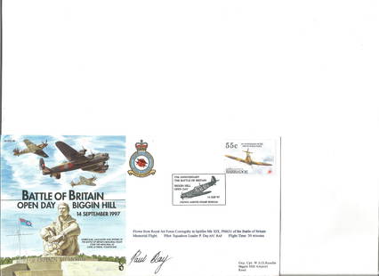 Battle of Britain flown FDC Open Day Biggin Hill PM 14: Battle of Britain flown FDC Open Day Biggin Hill PM 14 Sep 97 57th Anniversary Battle of Britain signed by Squadron Leader Paul Day AFC RAF. Good Condition. All autographs are genuine hand signed and