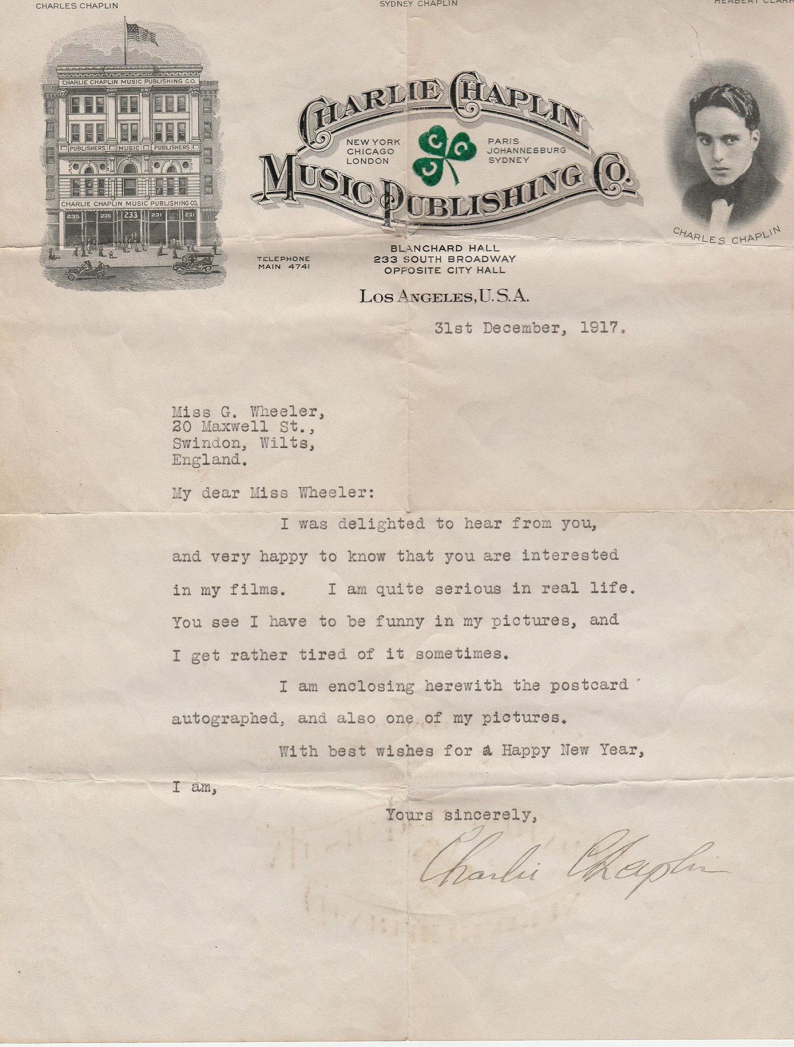 Charles Chaplin signed typed letter 1917 on his (1 of 1)