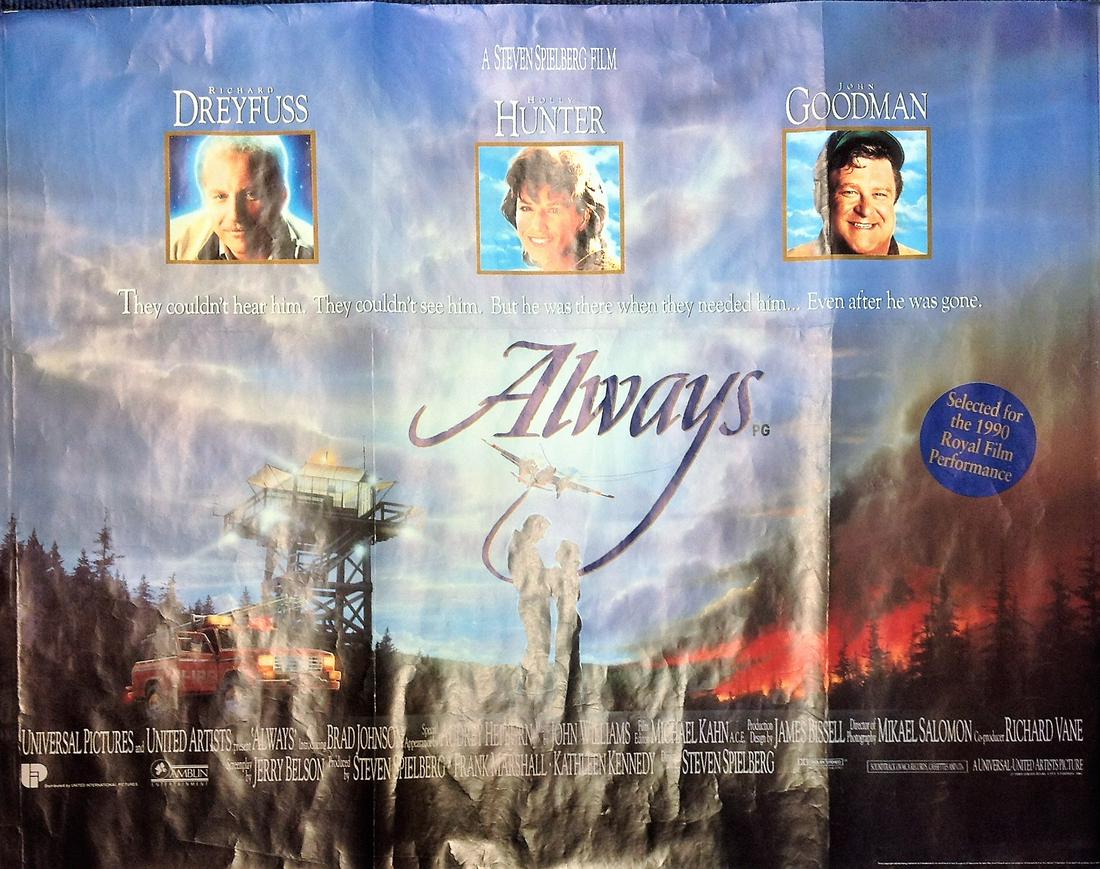 Always 30x40 movie poster from the 1989 American: Always 30x40 movie poster from the 1989 American romantic comedy-drama film directed by Steven Spielberg, and starring Richard Dreyfuss, Holly Hunter, John Goodman, Brad Johnson and Audrey Hepburn in