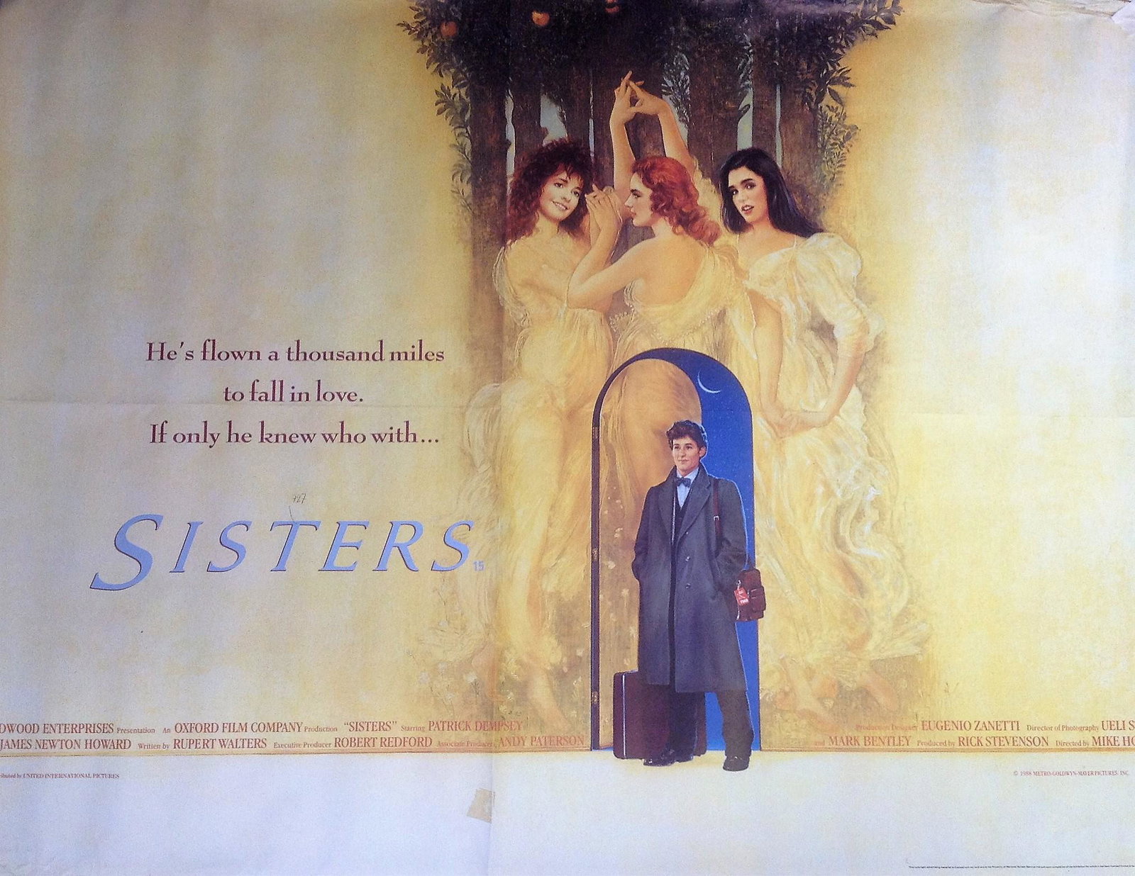 Sisters 30x40 approx rolled movie poster from the 1988: Sisters 30x40 approx rolled movie poster from the 1988 American coming-of-age film directed by Michael Hoffman and starring Patrick Dempsey and Jennifer Connelly. Grade B condition. Good Condition. UK