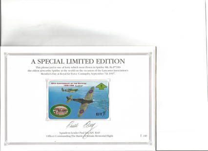 60th anniversary of the spitfire phonecard in: 60th anniversary of the spitfire phonecard in presentation wallet. Presentation wallet signed by Sqd Ldr Paul Day. Good Condition. All signed pieces come with a Certificate of Authenticity. We combine
