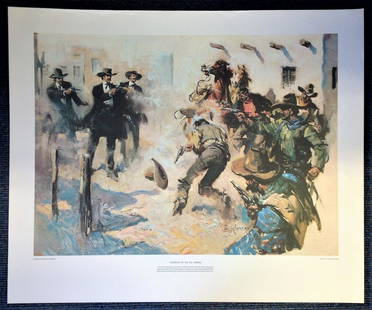 Historical 24x29 ""GUNFIGHT AT THE OK CORAL print by: Historical 24x29 "GUNFIGHT AT THE OK CORAL print by the artist Terence Cuneo. Good Condition. We combine postage on multiple winning lots and can ship worldwide. UK postage from £3.99, EU from &