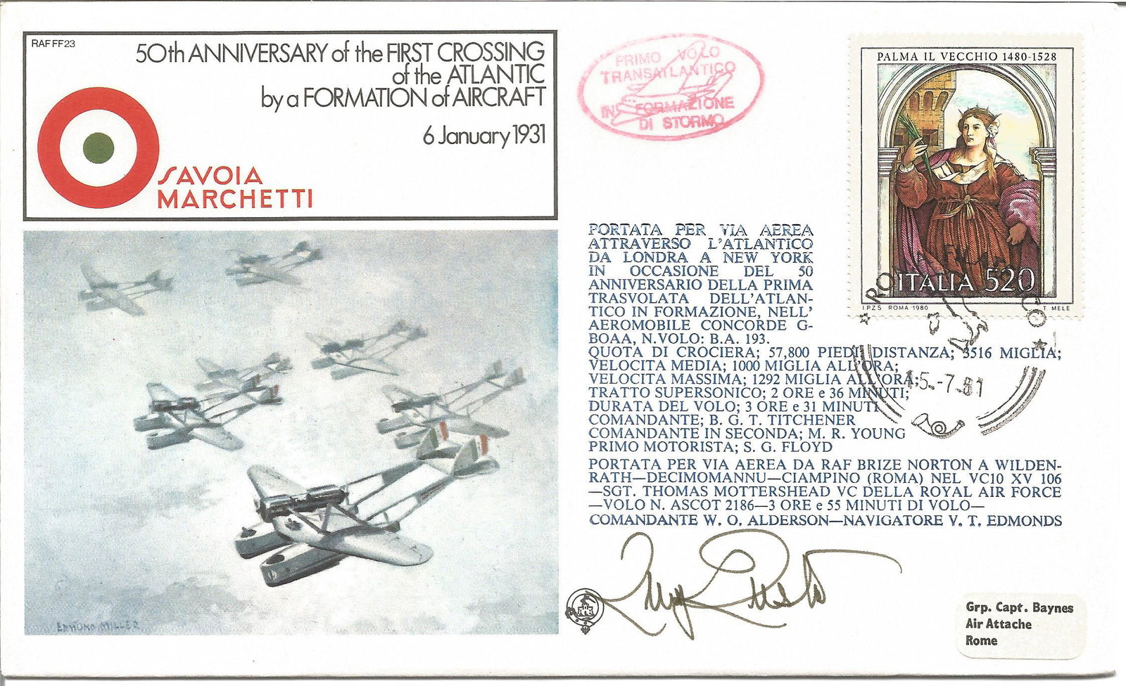 Luigi Questa signed RAF 1st flight cover comm, 50th ann (1 of 1)