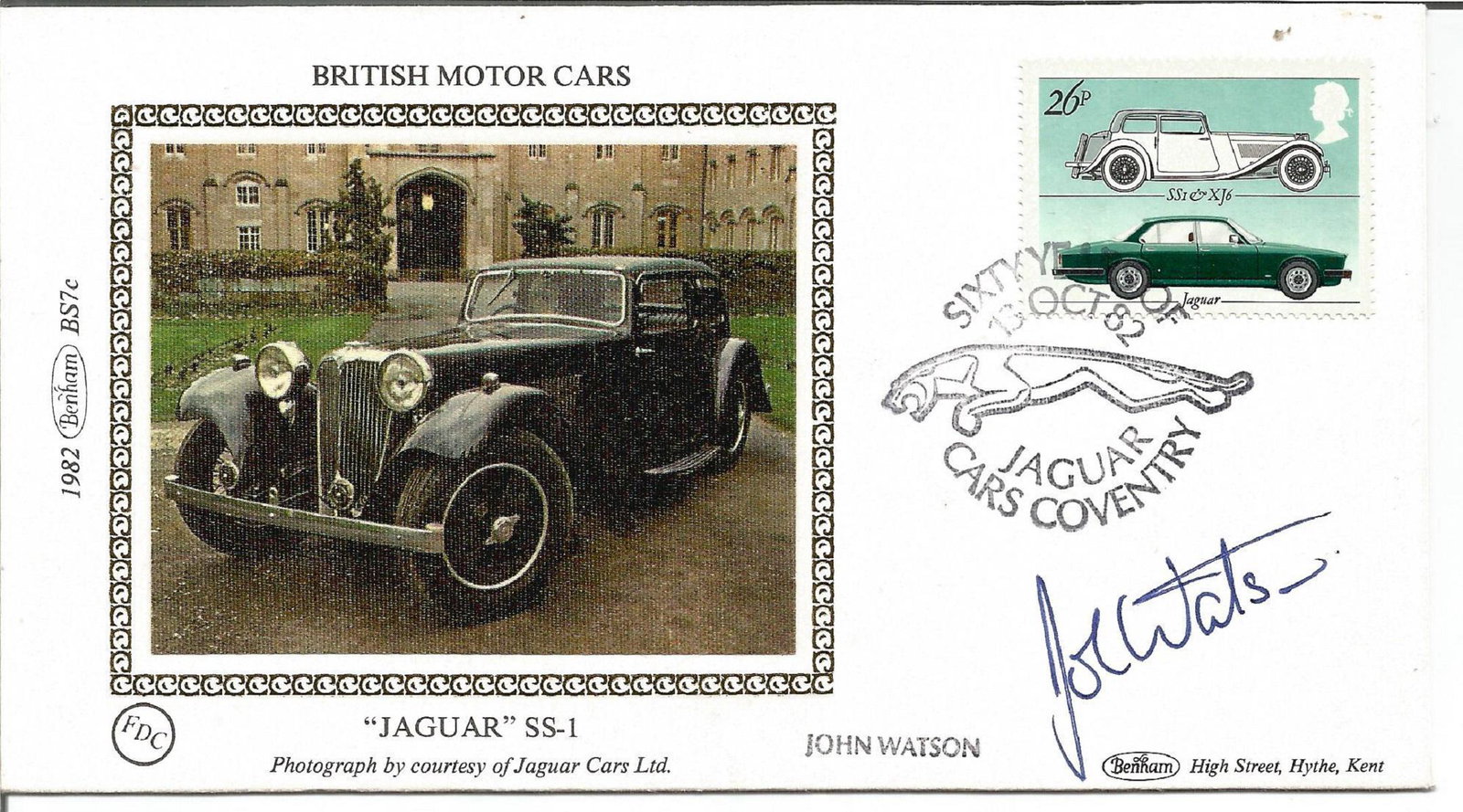 Motor Racing John Watson signed Benham FDC British: Motor Racing John Watson signed Benham FDC British Motor Cars Jaguar SS-1 PM Sixty Years of Jaguar Cars Coventry 13 Oct 82. John Marshall Watson, MBE (born 4 May 1946) is a British former racing drive