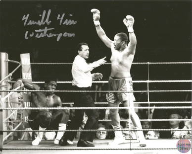 Boxing Tim Witherspoon signed 10x8 black and white: Boxing Tim Witherspoon signed 10x8 black and white photo pictured celebrating after defeating Frank Bruno in their World Heavyweight title fight at Wembley in 1986. Good Condition. All autographed ite