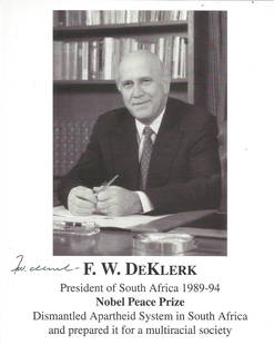 F. W Deklerk signed 10x8 black and white photo.: F. W Deklerk signed 10x8 black and white photo. Frederik Willem de Klerk OMG DMS born 18 March 1936 is a South African politician who served as State President of South Africa from 1989 to 1994 and as