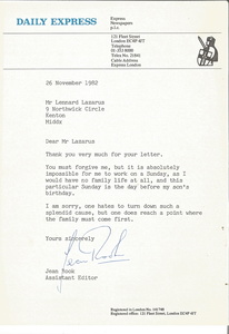 Jean Rook Tls Dated 26th Nov 1982 On Daily Express