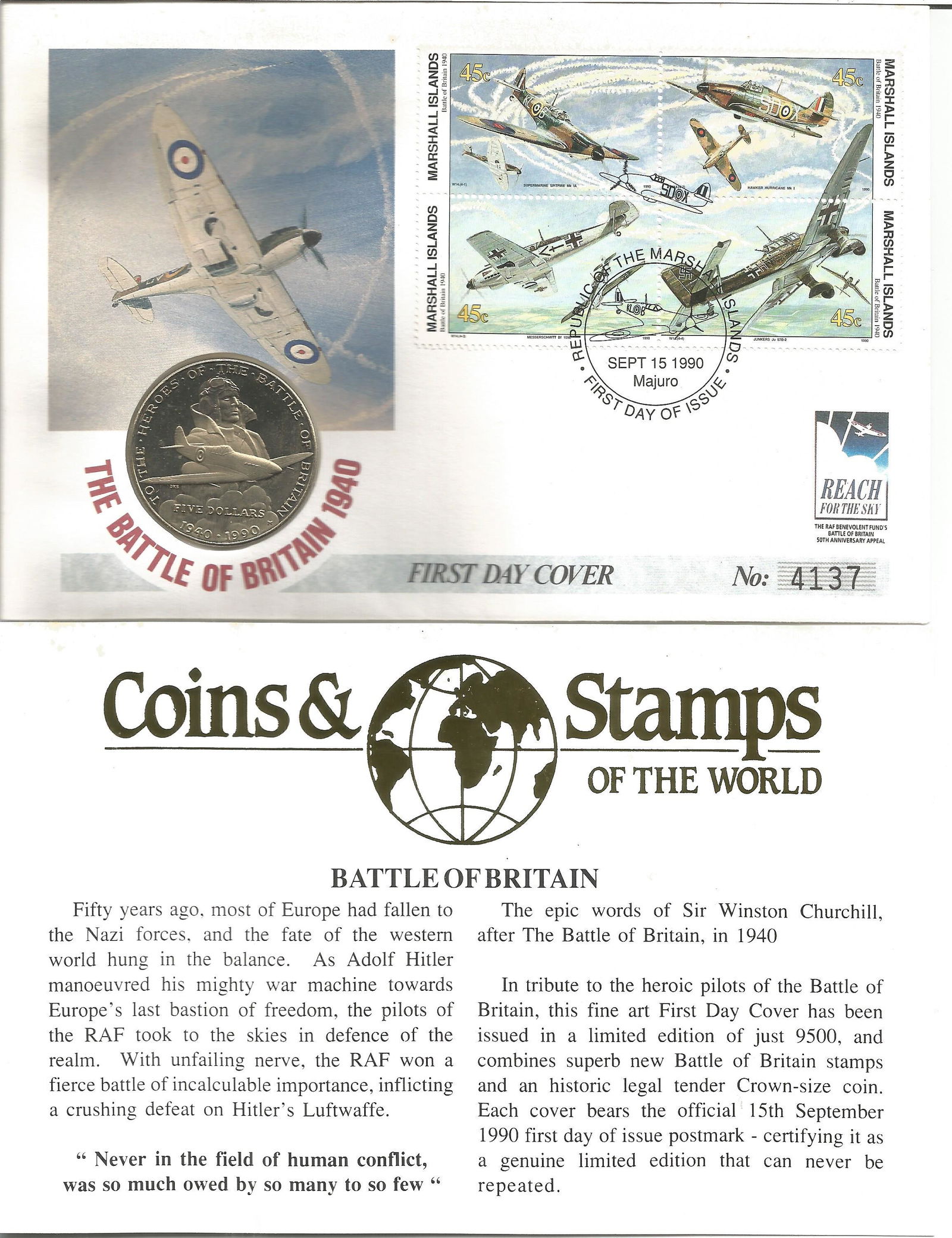Battle of Britain 1940 First Day Coin Cover Reach for (1 of 1)