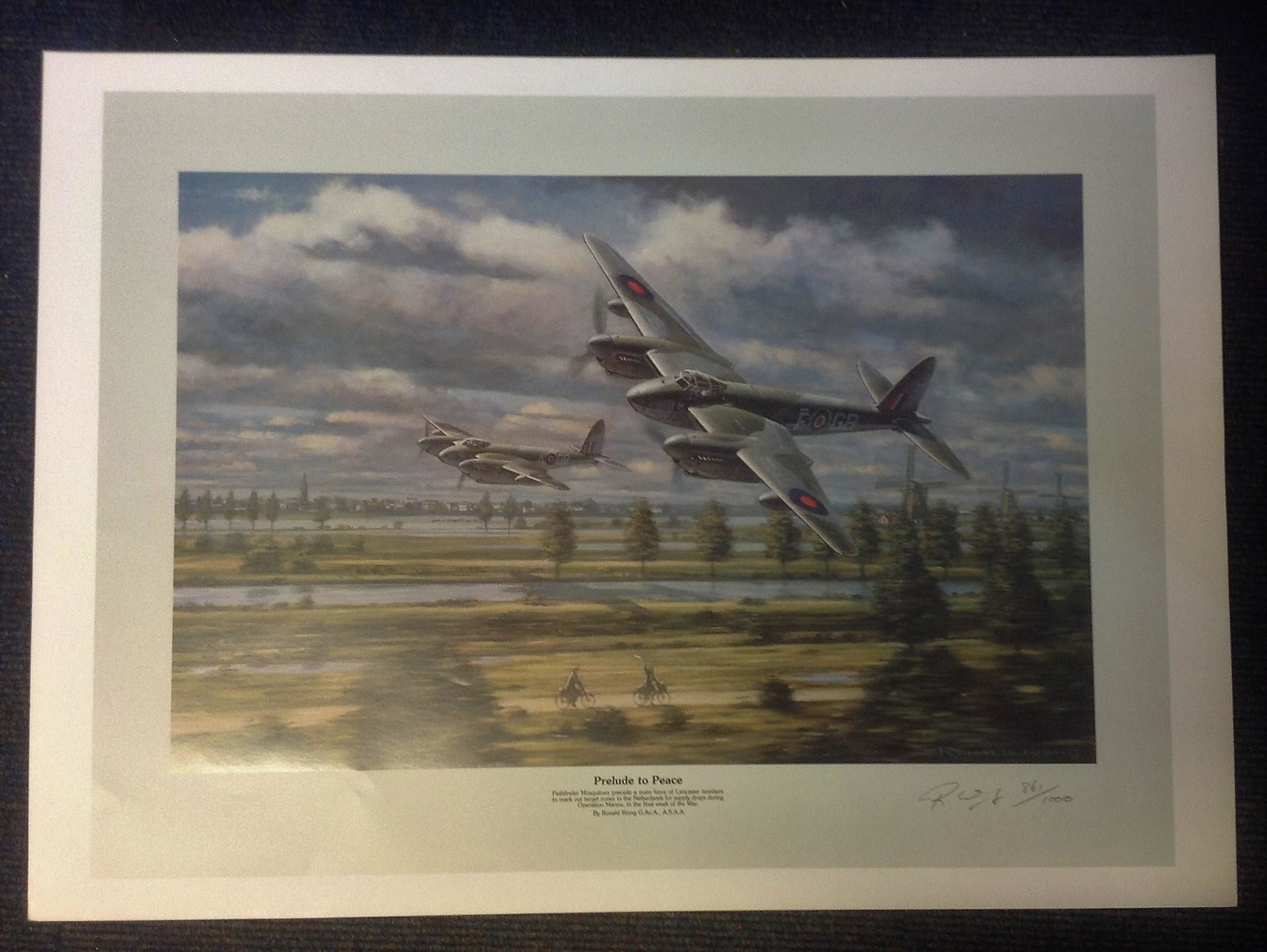 World War II print 20x28 titled Prelude to Peace signed: World War II print 20x28 titled Prelude to Peace signed in pencil by the artist Ronald Wong limited edition 861/1000. Pathfinder Mosquitos precede a main force of Lancaster bombers to mark our target 