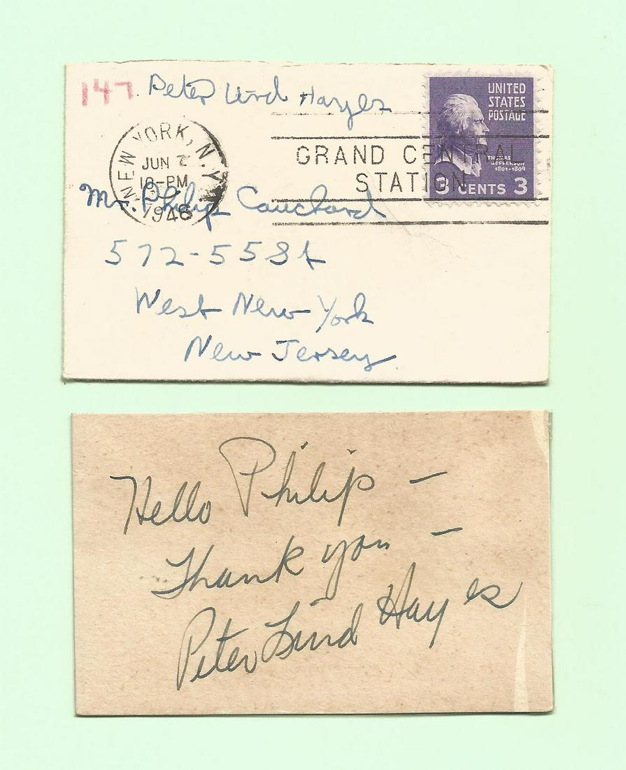 Peter Lind Hayes signed card. Entertainer. Signed on: Peter Lind Hayes signed card. Entertainer. Signed on vintage 3 x 2 inch cream card. Comes with original mailing envelope dated 1946. Has Biography pages included. born Joseph Conrad Lind; June 25, 191