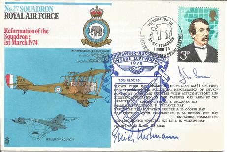 Erich Hartmann with one other signed No.27 Squadron RAF: Erich Hartmann with one other signed No.27 Squadron RAF Reformation of the Sqn 1st March 1974 cover. Flown from RAF Scampton in Vulcan XL 361 on first operation sortie following reformation in the